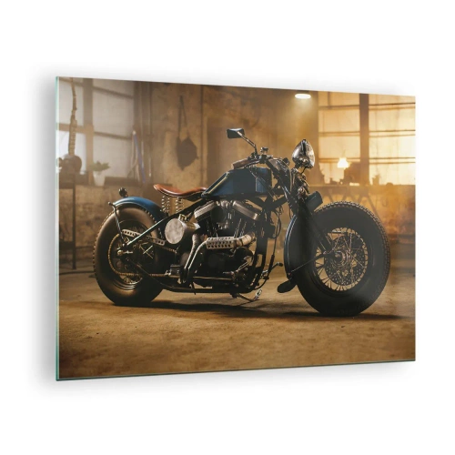 Billede på glas - Atmosfærisk billede af en klassisk motorcykel i en garage - 70x50cm - Jeg kan gøre alt - Moderne vægdekoration til stue og soveværelse ARTTOR