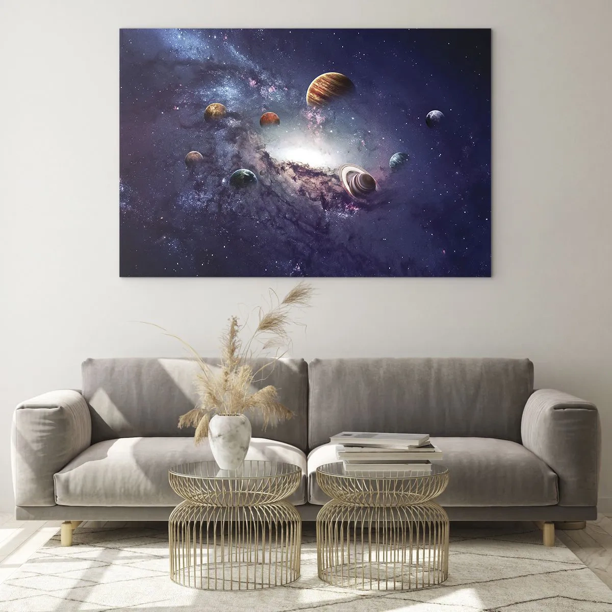 Billede på glas - En fantasifuld vision af planeter, der roterer i rummet - 70x50cm - Systemet med soldans - Moderne vægdekoration til stue og soveværelse ARTTOR