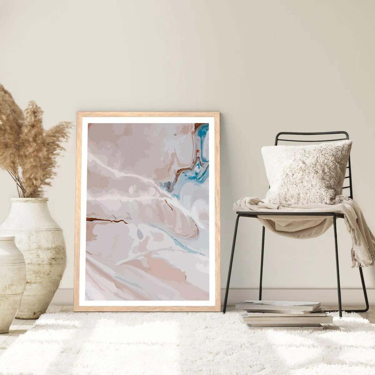 Plakat i ramme af lyst egetræ - Blå slynger sig under det hvide - 50x70 cm