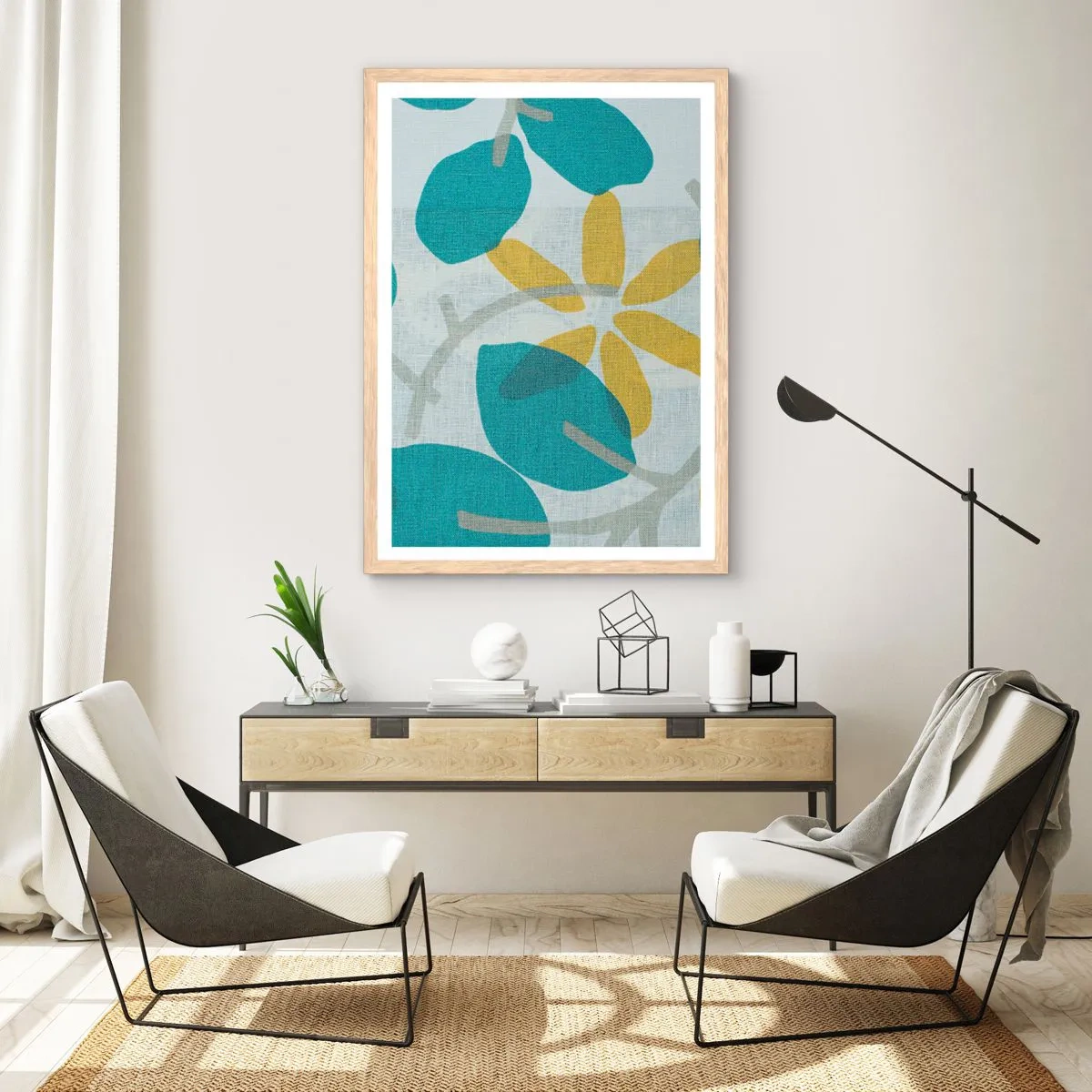 Plakat i ramme af lyst egetræ - Blandt azurblå blade - 50x70 cm