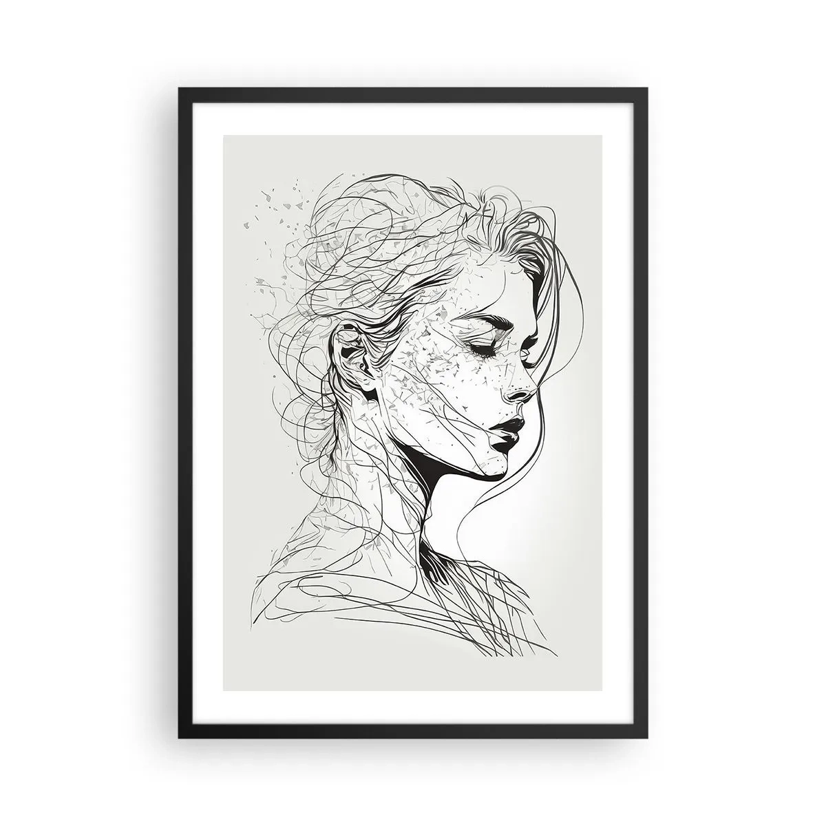 Plakat i sort ramme - En skitse af en kvinde med flagrende hår, skabt i minimalistisk stil. - 50x70cm - Portræt i drømmeri - Moderne vægdekoration til stue og soveværelse ARTTOR