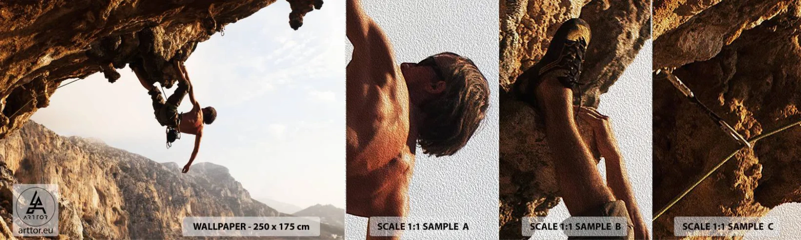 Prøve Fototapet Premium Sand - Verden skrumpede ind i en håndfuld på en klippeskrænt - Kalymnos ø, Bjergbestigning, Landskab - 100x30 cm