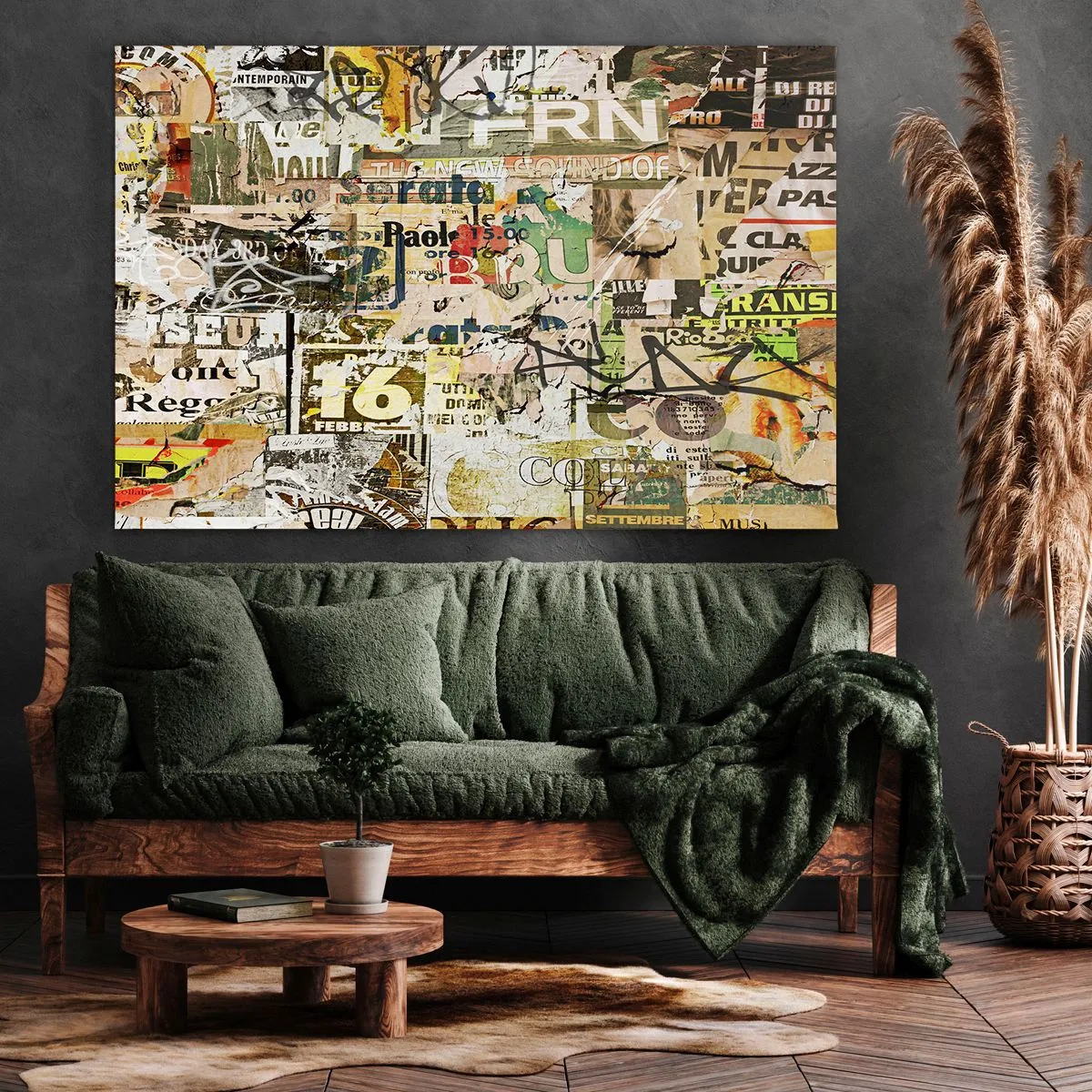 Lærredstryk - Billede på lærred - En collage af fragmenter af aviser og plakater i kunstnerisk stil. - 70x50cm - Åh, det er ved at ske... - Moderne vægdekoration til stue og soveværelse ARTTOR