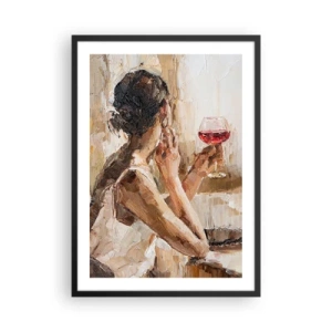Plakat i sort ramme - En kvinde, der holder et glas vin, ser tankefuld ud - 50x70cm - Smagen af et godt øjeblik - Moderne vægdekoration til stue og soveværelse ARTTOR