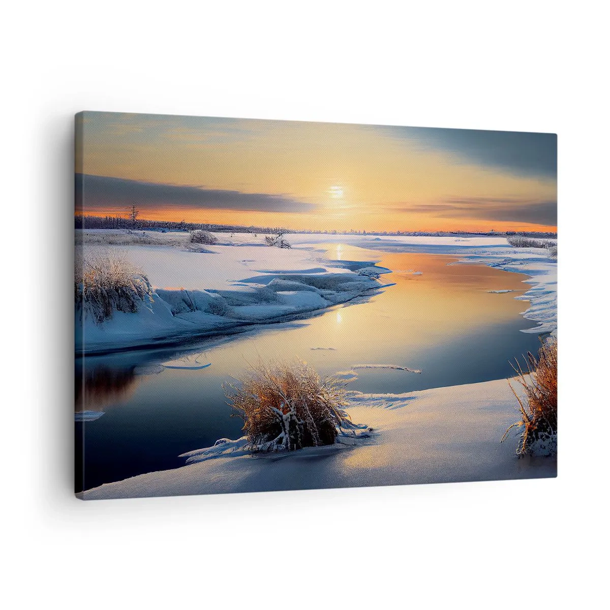 Lærredstryk - Billede på lærred - Vinterlandskab med en flod ved solnedgang - 70x50cm - Vintersolnedgang - Moderne vægdekoration til stue og soveværelse ARTTOR