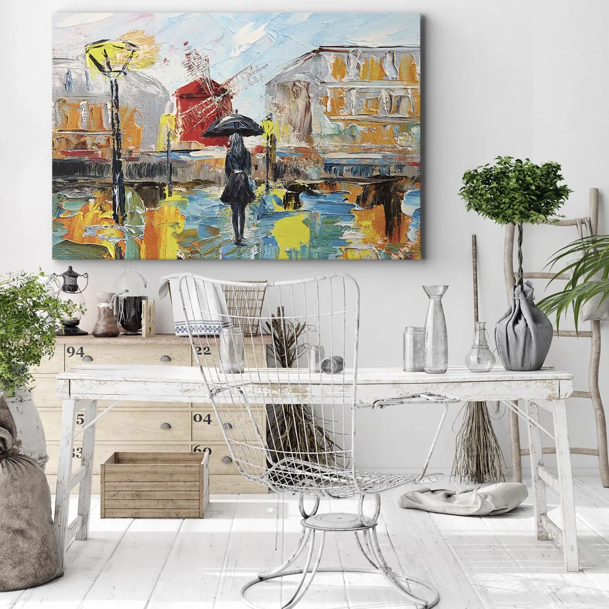 Lærredstryk - Billede på lærred - Et malerisk motiv med en paraply mod en baggrund af Paris i livlige farver. - 70x50cm - Parisiske legender - Moderne vægdekoration til stue og soveværelse ARTTOR