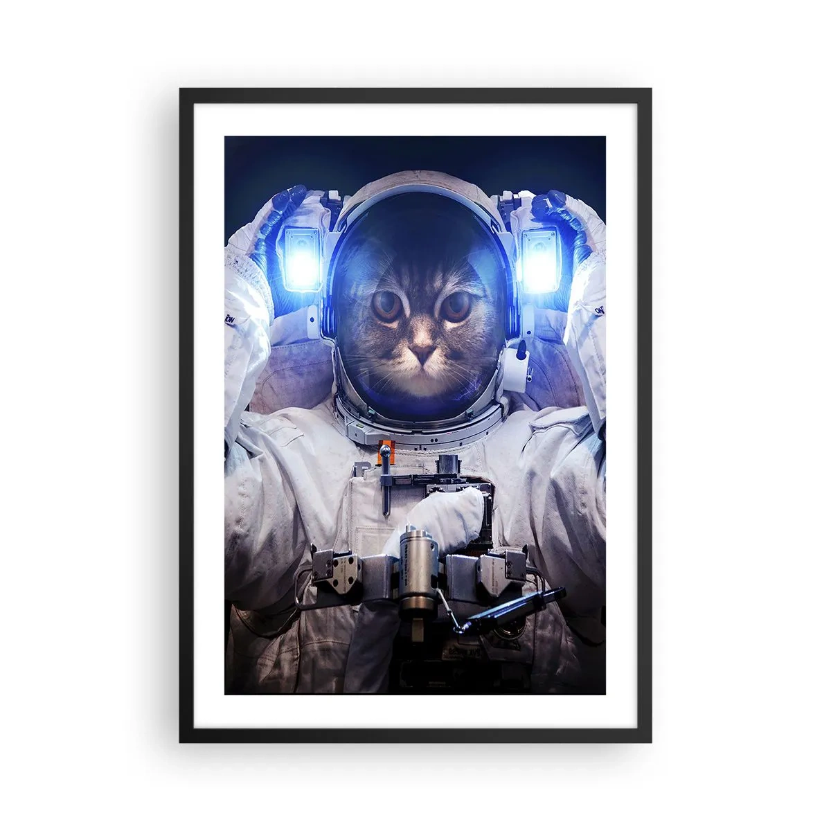 Plakat i sort ramme - Astronautkat i fuld rumdragt - 50x70cm - Houston, I har et problem - Moderne vægdekoration til stue og soveværelse ARTTOR
