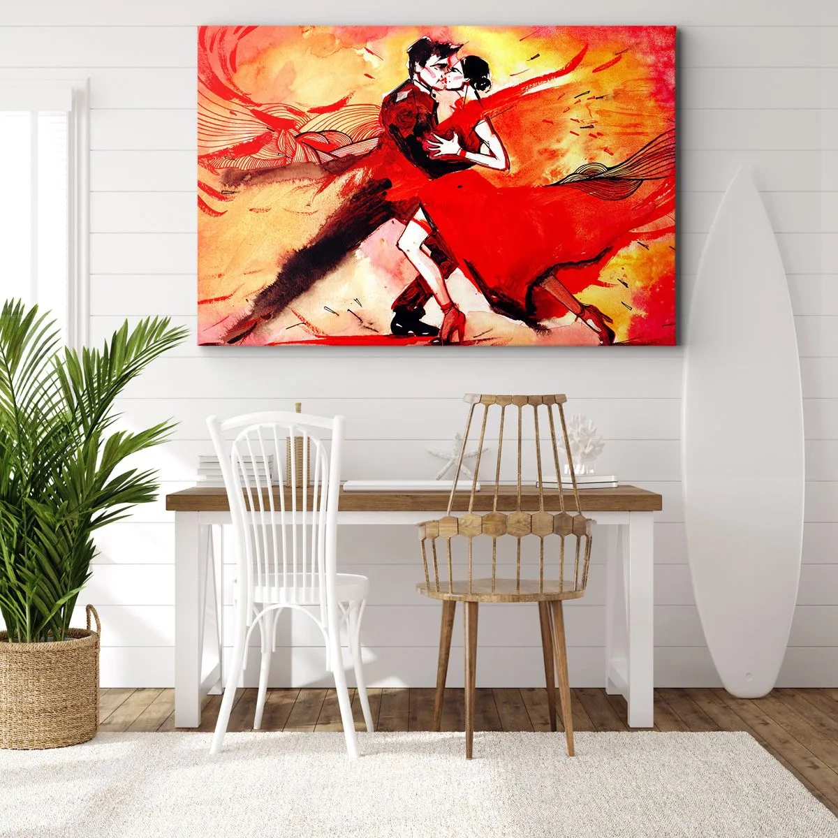 Lærredstryk - Billede på lærred - Et par danser tango i røde toner mod en dynamisk baggrund. - 70x50cm - Lilla rytme af lidenskab - Moderne vægdekoration til stue og soveværelse ARTTOR