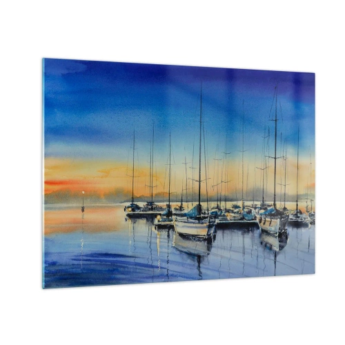 Billede på glas - Sejlbåde i havnen ved solnedgang - 70x50cm - Slutningen på en god dag - Moderne vægdekoration til stue og soveværelse ARTTOR