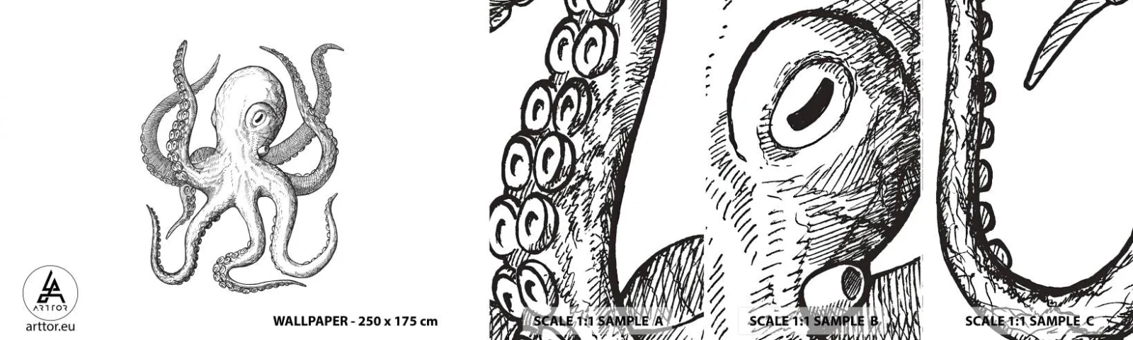 Fototapet Prøve Standard Eco - Dans med bølger - Blæksprutte, Tegning, Ved havet - 100x30 cm