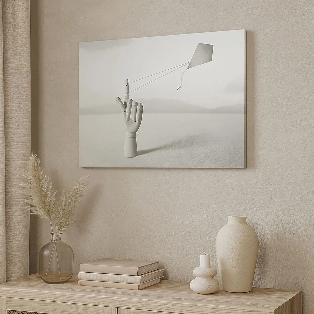 Lærredstryk - Billede på lærred - En minimalistisk træhånd med en drage mod en landskabsbaggrund. - 70x50cm - Styrkeprøve - Moderne vægdekoration til stue og soveværelse ARTTOR