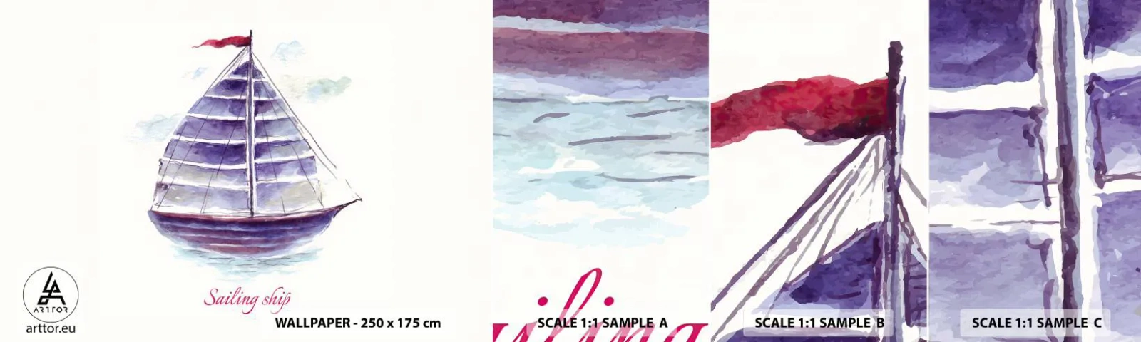 Prøve Fototapet Selvklæbende Deluxe Sticker - Fulde sejl og roligt vand - Sejlbåd, Ved havet, Hav - 100x30 cm