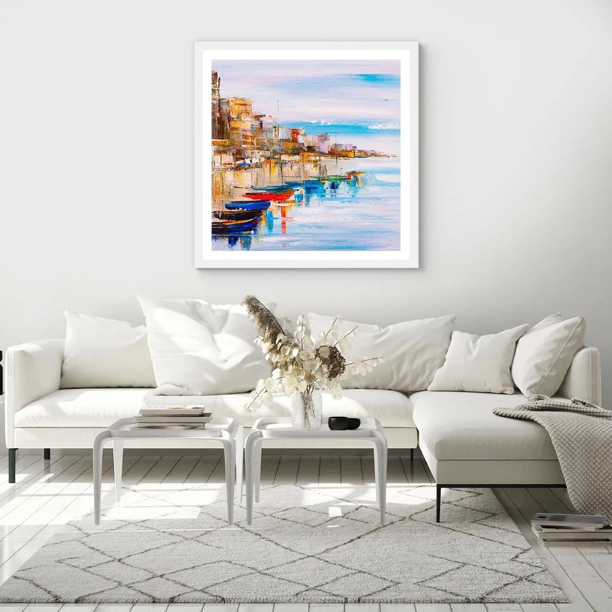 Plakat i hvid ramme - Flerfarvet urban havn - 60x60 cm
