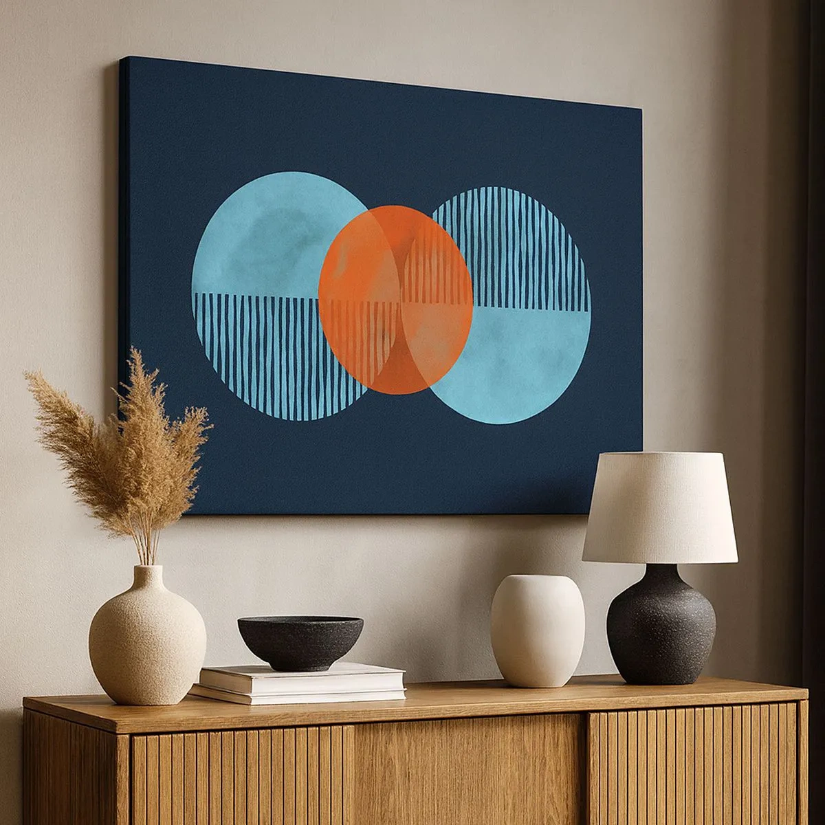 Lærredstryk - Billede på lærred - Geometriske cirkler i nuancer af blå og orange - 70x50cm - Symmetrisk sammensætning - Moderne vægdekoration til stue og soveværelse ARTTOR