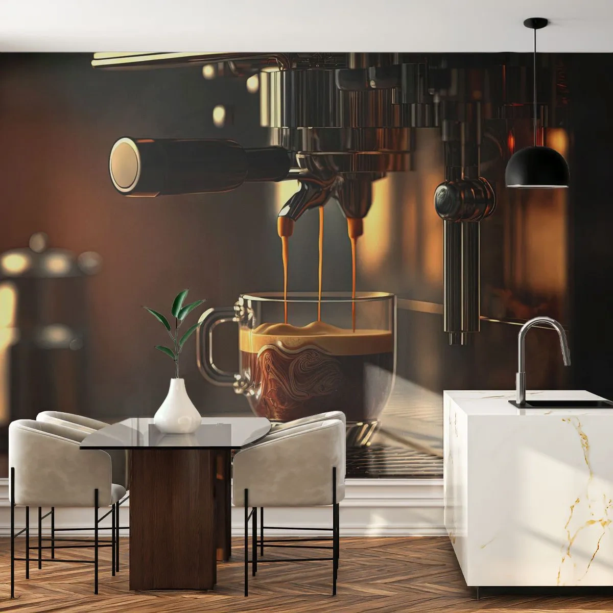 Fototapet Standard Eco - En kaffemaskine med en kop espresso i et stilfuldt interiør - 100x70cm - En sensuel blanding - Moderne vægdekoration til stue og soveværelse ARTTOR