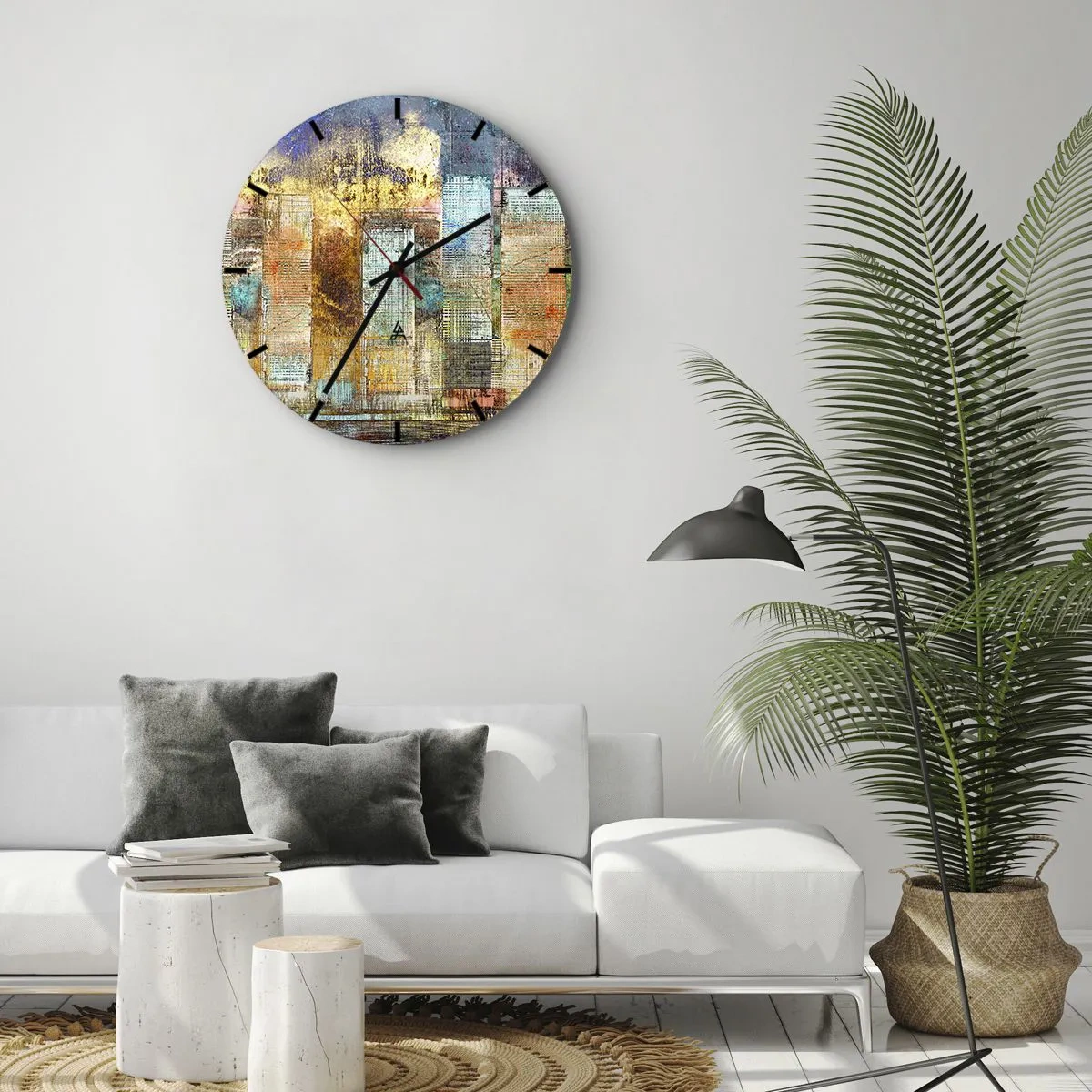 Vægur, Uret - Farverig abstraktion inspireret af byens skyline - 30x30cm - Solrig metropol - Moderne vægdekoration til stue, køkken og soveværelse ARTTOR