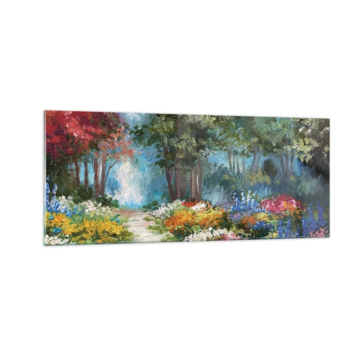 Billede på glas - Skovhave, blomsterskov - 100x40 cm