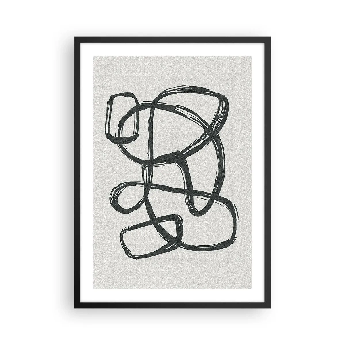 Plakat i sort ramme - Abstrakt sort linje på en lys baggrund - 50x70cm - Loopet abstraktion - Moderne vægdekoration til stue og soveværelse ARTTOR