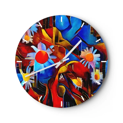 Vægur, Uret - Abstrakt komposition af blomster i intense farver - 30x30cm - Livets farver - Moderne vægdekoration til stue, køkken og soveværelse ARTTOR