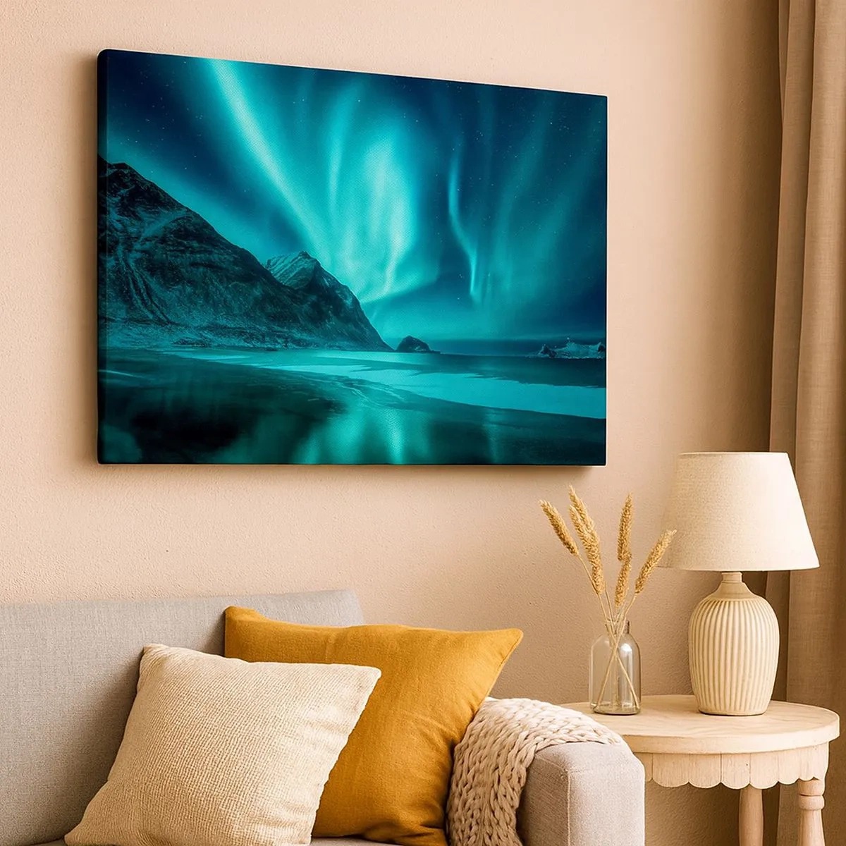 Lærredstryk - Billede på lærred - Aurora Borealis over et bjergrigt vinterlandskab - 70x50cm - Nordens vidundere - Moderne vægdekoration til stue og soveværelse ARTTOR