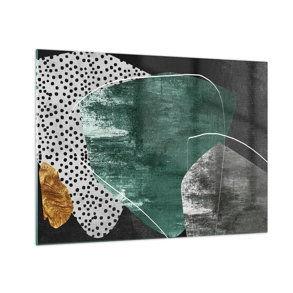 Billede på glas - Grønne former med sort baggrund og en guld accent - 70x50cm - Farverig abstraktion med en guldflager - Moderne vægdekoration til stue og soveværelse ARTTOR