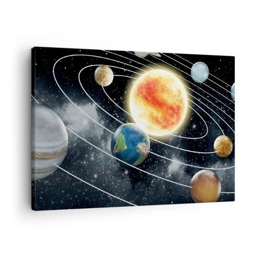 Lærredstryk - Billede på lærred - Solsystem med planeter og solen i rummet - 70x50cm - Kosmisk dans - Moderne vægdekoration til stue og soveværelse ARTTOR