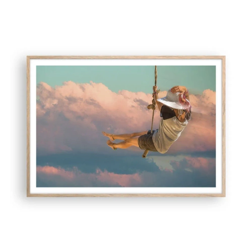 Plakat i ramme af lyst egetræ - Sjov i skyerne - 100x70 cm