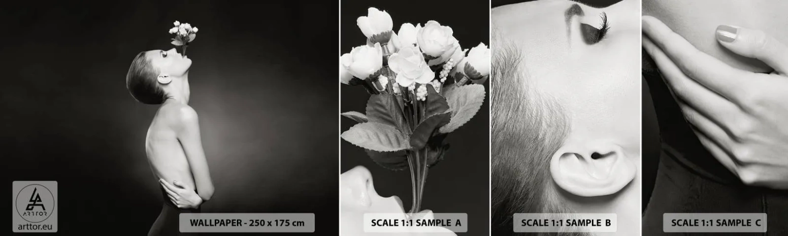 Fototapet Prøve Standard Eco - Excentrisk elegance - Legeme, Blomster, Model - 100x30 cm