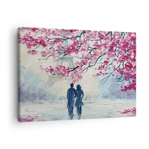 Lærredstryk - Billede på lærred - Et par under blomstrende lyserøde træer i romantiske omgivelser - 70x50cm - Romantisk gåtur - Moderne vægdekoration til stue og soveværelse ARTTOR