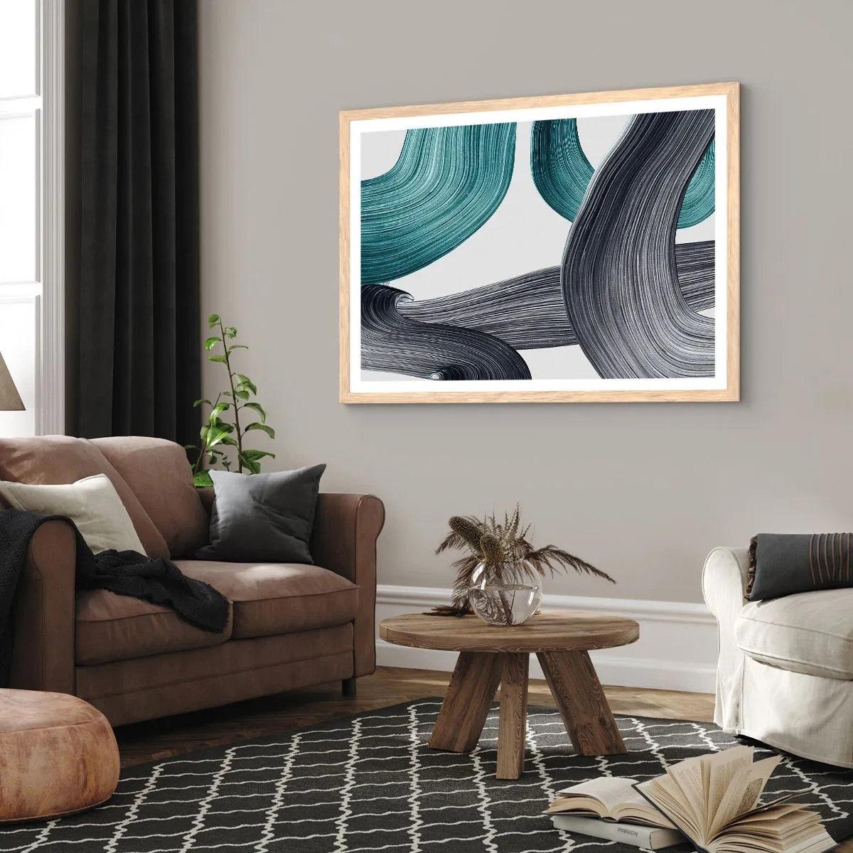 Plakat i ramme af lyst egetræ - Smaragdgrønne og sorte stier - 91x61 cm