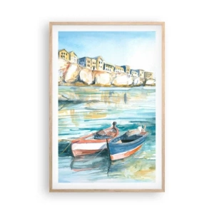 Plakat i ramme af lyst egetræ - Landskab i azurblå - 61x91 cm