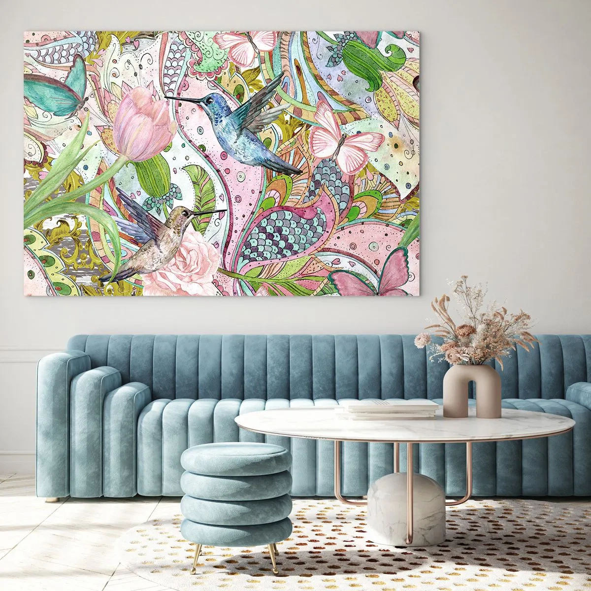 Billede på glas - Farverige kolibrier blandt blomster og sommerfugle - 70x50cm - Forviklet i vinstokkene - Moderne vægdekoration til stue og soveværelse ARTTOR