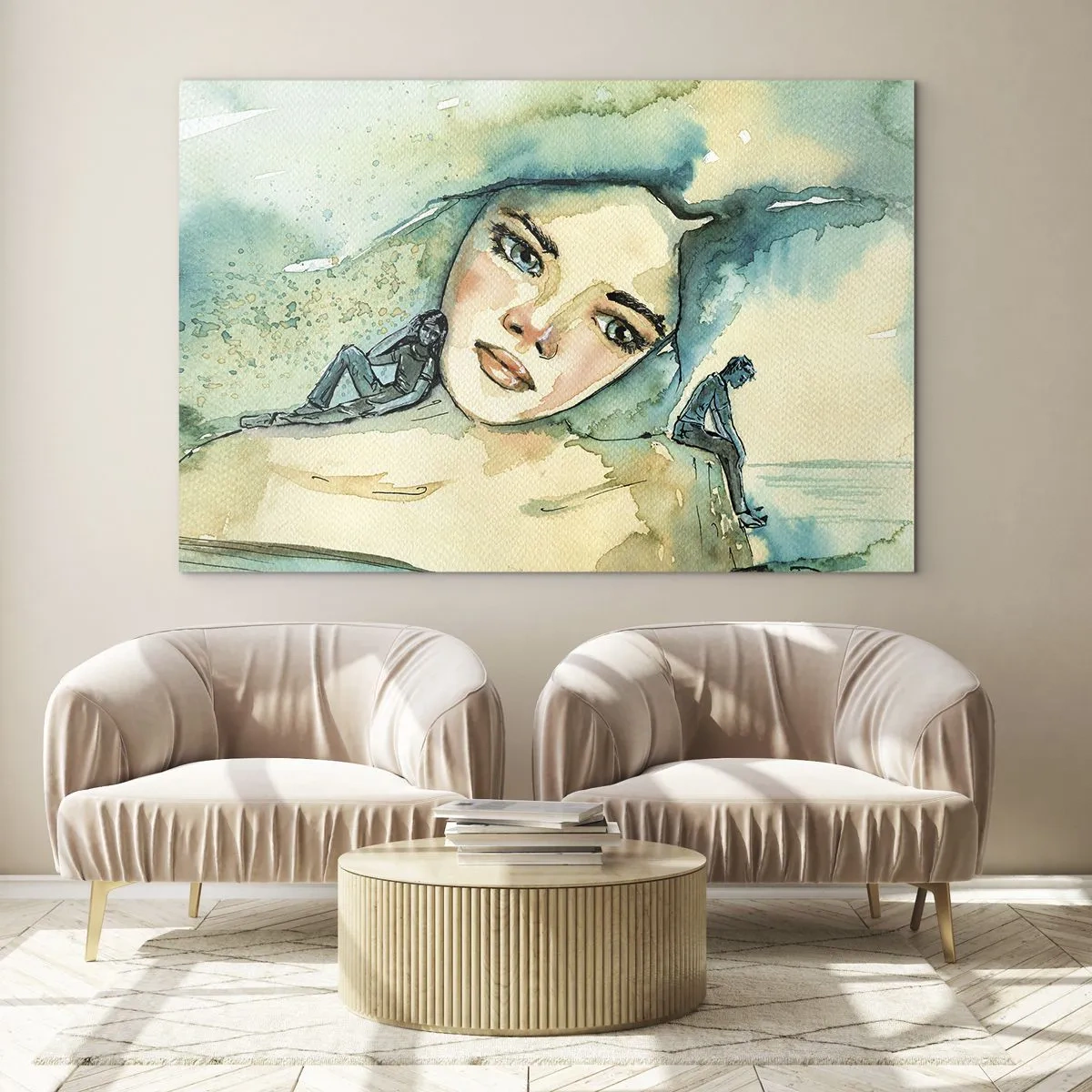 Billede på glas - Portræt af en kvinde i akvarelstil med silhuetter af figurer - 70x50cm - Am I blue? - Moderne vægdekoration til stue og soveværelse ARTTOR