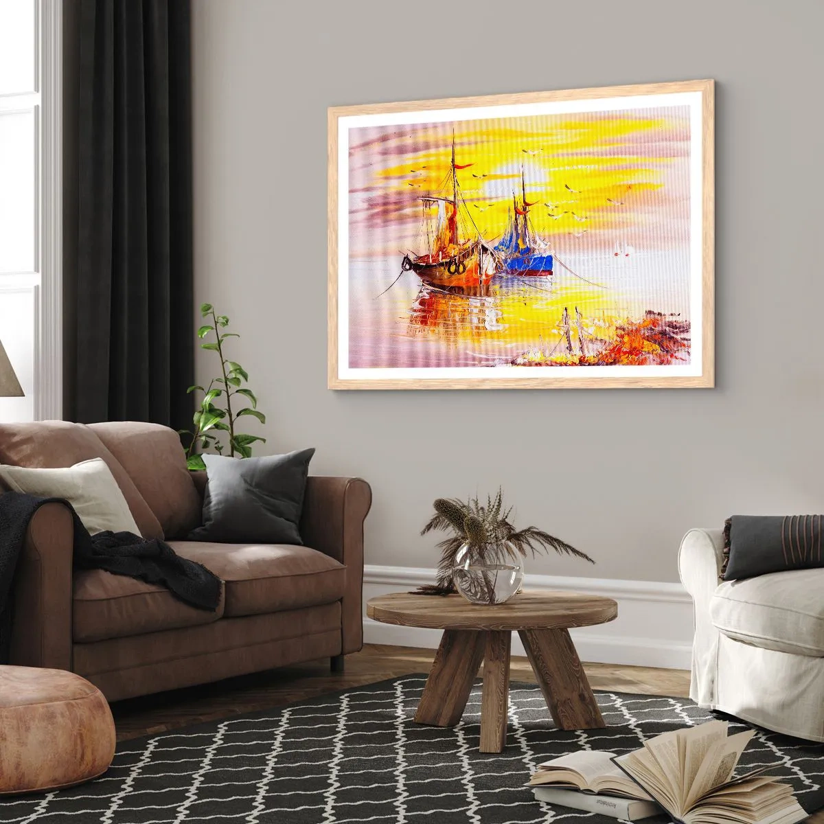 Plakat i ramme af lyst egetræ - Et velfortjent hvil i havnen - 91x61 cm
