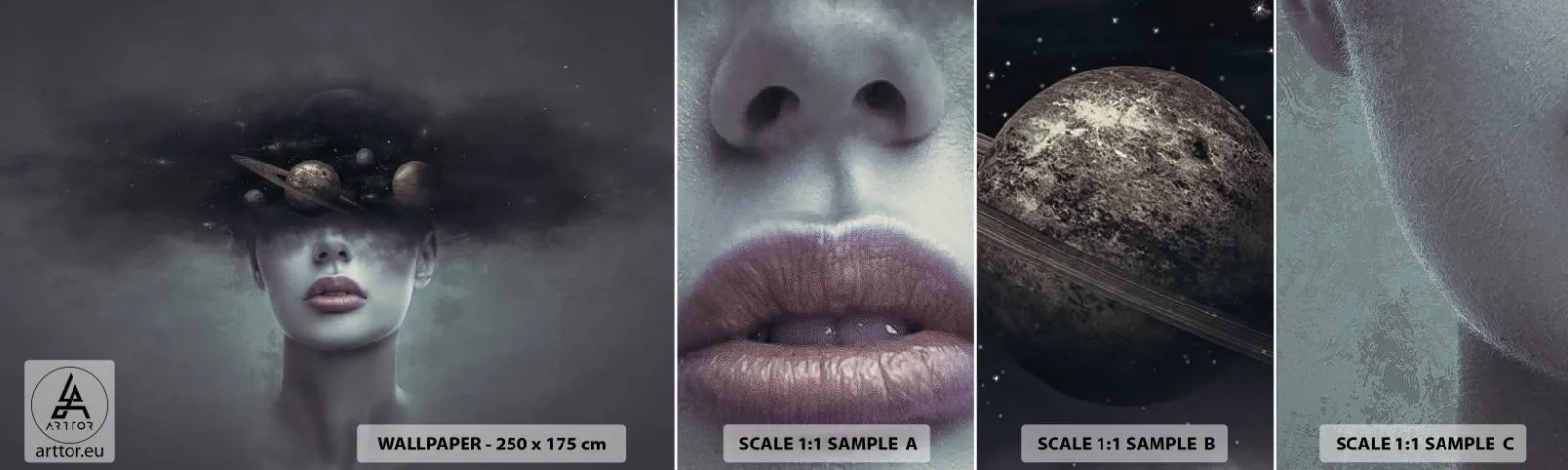 Prøve Fototapet Selvklæbende Deluxe Sticker - Og planeterne er ved at gå amok... - Abstraktion, Kvindens ansigt, Kosmos - 100x30 cm