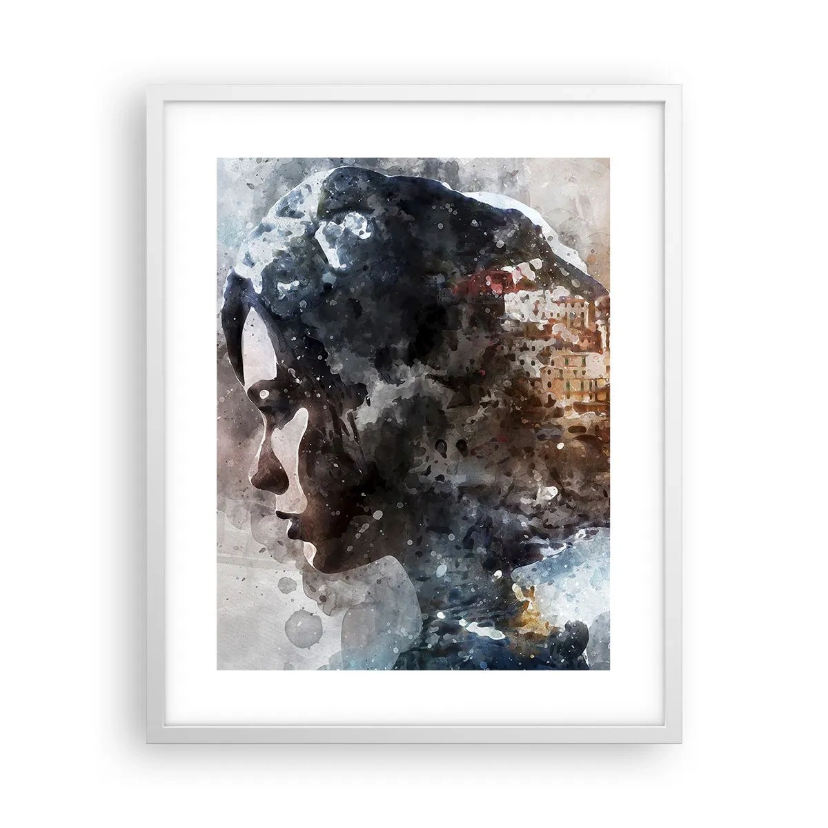 Plakat i hvid ramme - Historien om en pige med en by i baggrunden - 40x50 cm