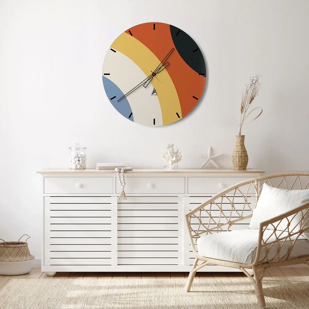 Vægur, Uret - Geometriske buer i nuancer af orange, beige og blå - 30x30cm - Over for hinanden - Moderne vægdekoration til stue, køkken og soveværelse ARTTOR