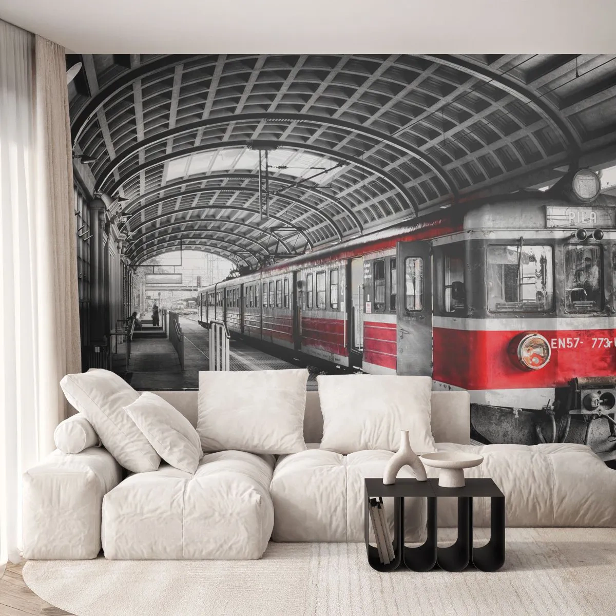Fototapet Premium Canvas - Måske en rejse for livet? - Persontog, Jernbanestation, Platform - 250x175 cm