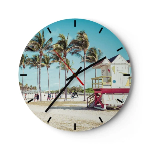 Vægur, Uret - Miami Beach med palmer og en farverig livredderbygning - 30x30cm - En smuk dag foran dig - Moderne vægdekoration til stue, køkken og soveværelse ARTTOR
