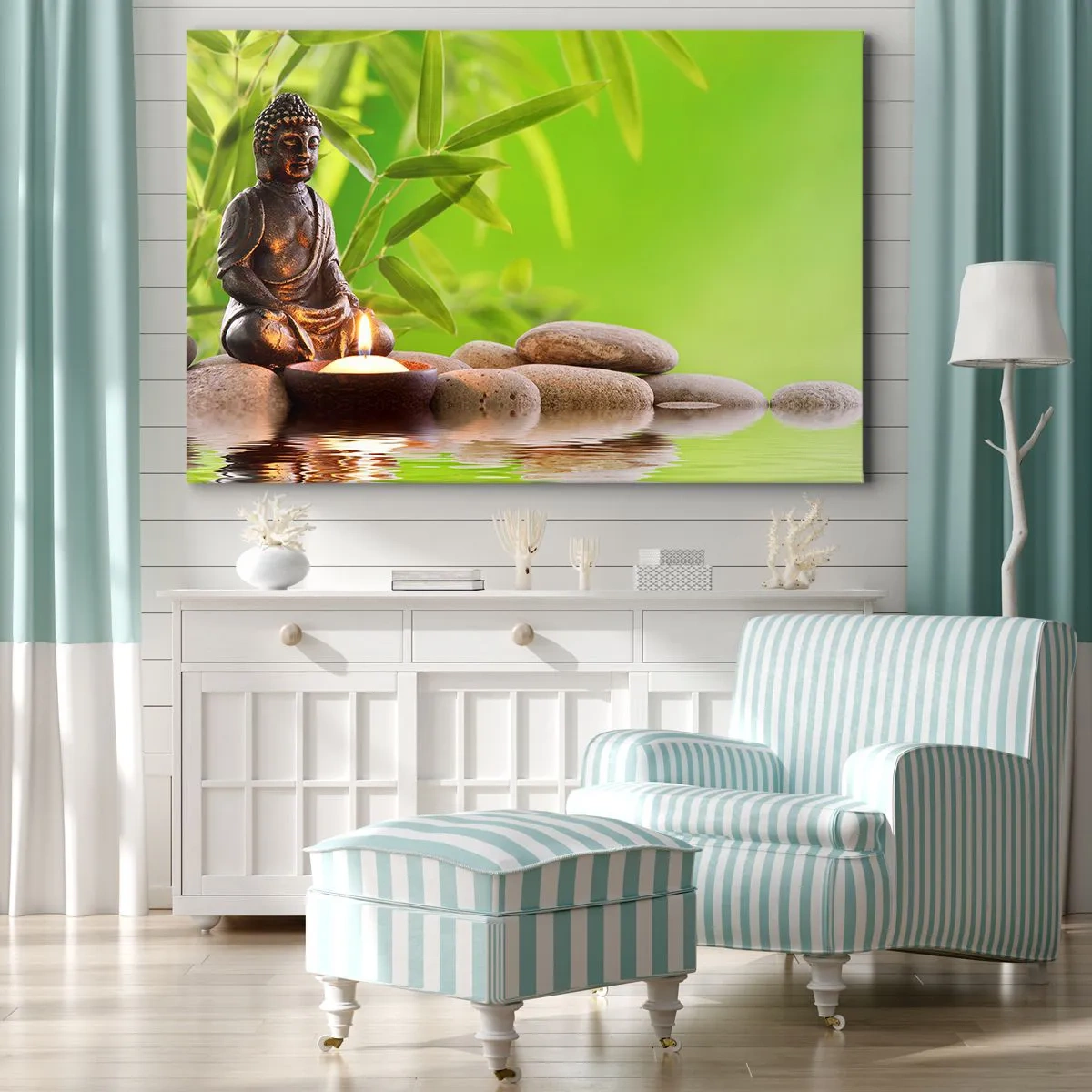 Lærredstryk - Billede på lærred - Buddhafigur med sten og et stearinlys mod en bambusbaggrund - 70x50cm - Livet er smukt - Moderne vægdekoration til stue og soveværelse ARTTOR