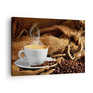 Lærredstryk - Billede på lærred - En kop kaffe omgivet af en pose kaffebønner - 70x50cm - Duften af mokka og honningvæskens tæthed - Moderne vægdekoration til stue og soveværelse ARTTOR