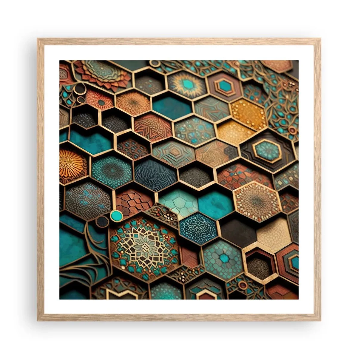 Plakat i ramme af lyst egetræ - Arabiske ornamenter - en variation - 60x60 cm