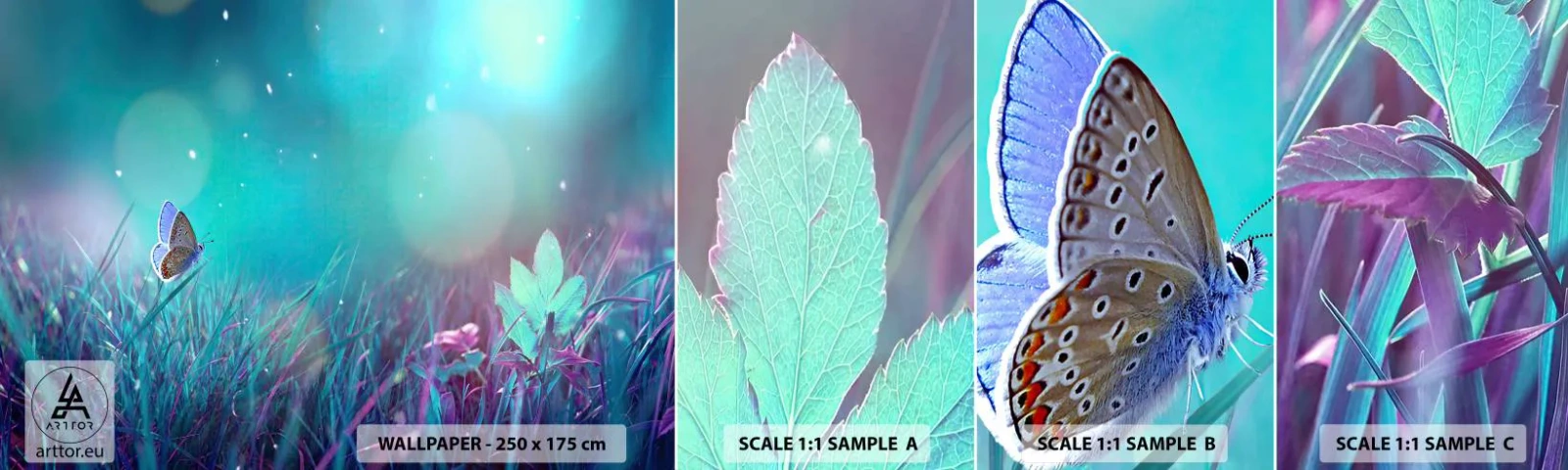 Prøve Fototapet Selvklæbende Deluxe Sticker - En engs hemmelige liv - Sommerfugl, Eng, Stykke - 100x30 cm