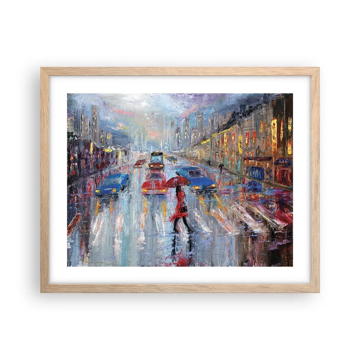 Plakat i ramme af lyst egetræ - Regnfuld eftermiddag i byen - 50x40 cm