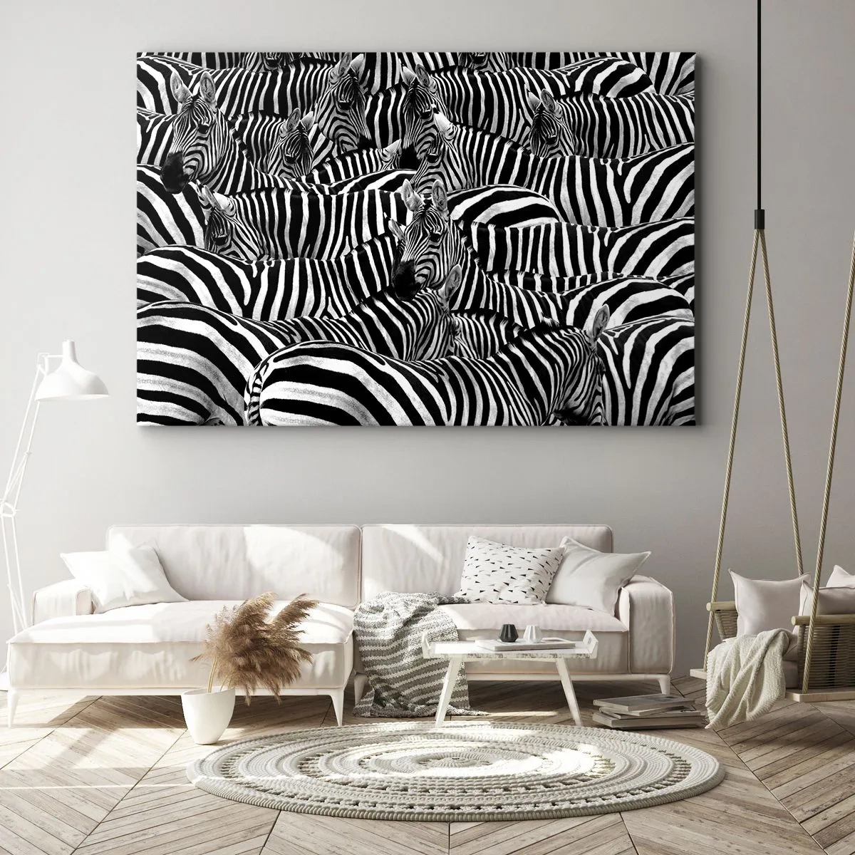 Lærredstryk - Billede på lærred - En gruppe zebraer med sorte og hvide striber, der skaber et symmetrisk mønster. - 70x50cm - Stribet gruppeportræt - Moderne vægdekoration til stue og soveværelse ARTTOR