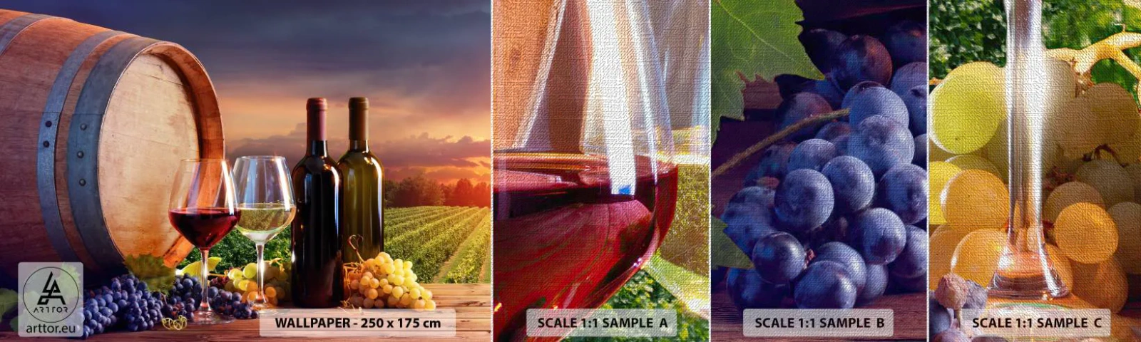 Prøve Fototapet Premium Canvas - Livet har smag her - Vingård, Vintønde, Drue - 100x30 cm