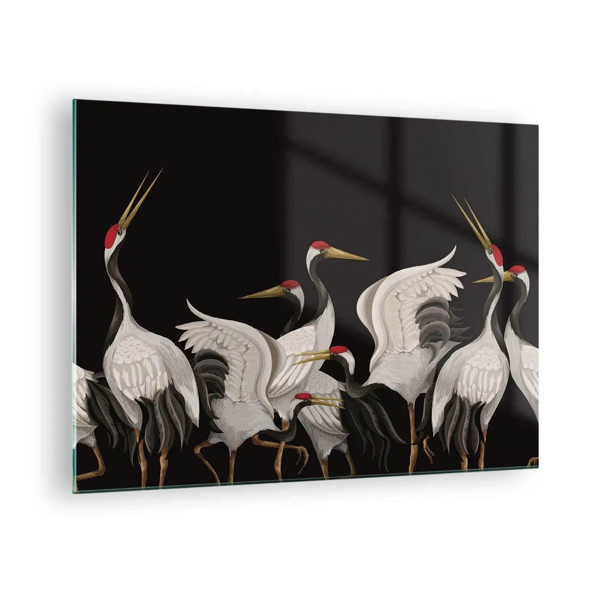 Billede på glas - Hvide traner med røde hoveder på en sort baggrund - 70x50cm - Fugle anliggender - Moderne vægdekoration til stue og soveværelse ARTTOR