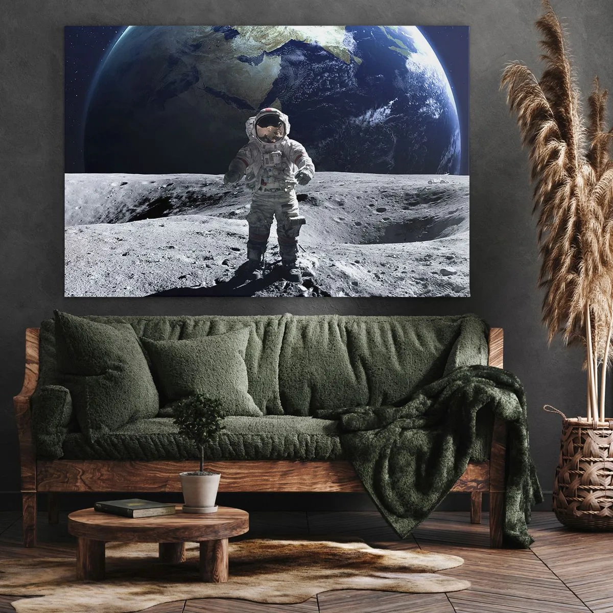 Lærredstryk - Billede på lærred - Astronaut på månens overflade med Jorden i baggrunden - 70x50cm - Hilsner fra månen - Moderne vægdekoration til stue og soveværelse ARTTOR