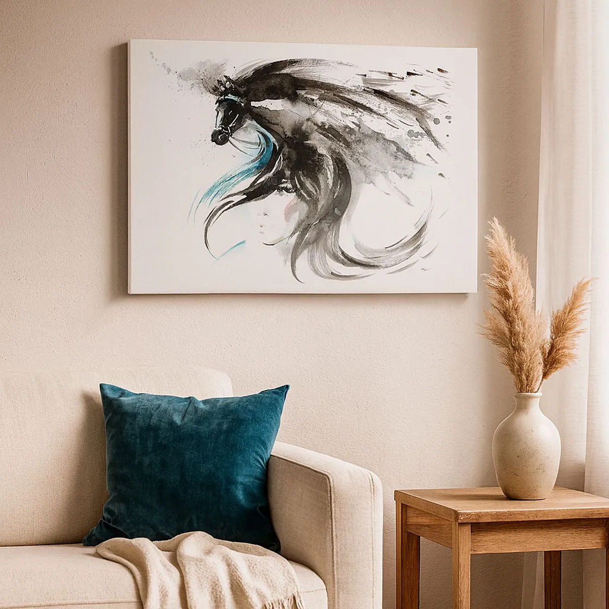 Lærredstryk - Billede på lærred - En kvinde og en hest i en mystisk akvarel fuld af dynamik - 70x50cm - Den sorte prins' galop - Moderne vægdekoration til stue og soveværelse ARTTOR