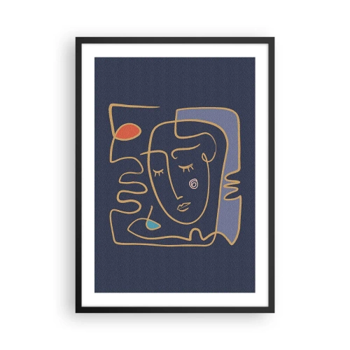 Plakat i sort ramme - Minimalistisk abstrakt ansigt på en marineblå baggrund i stregtegningsstil - 50x70cm - I drømmerier - Moderne vægdekoration til stue og soveværelse ARTTOR